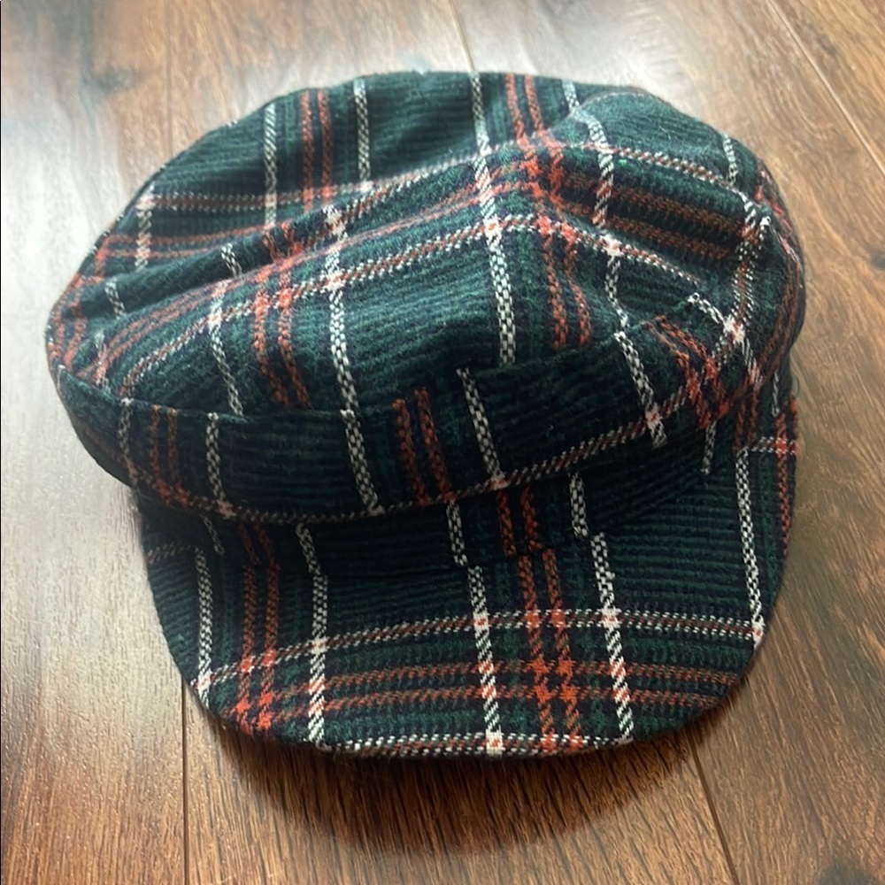 Free People Plaid Baker Boy Cap in Forest Green and Rust